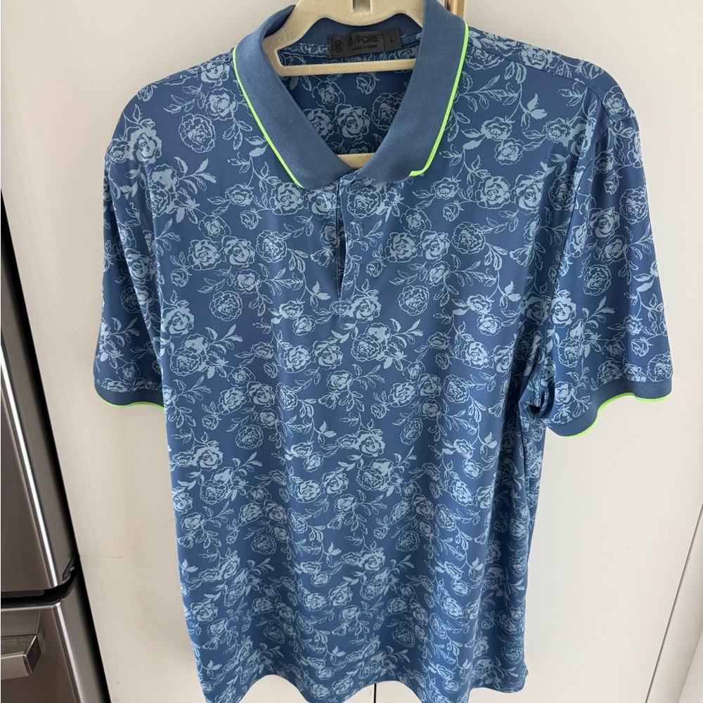 G/FORE Blue Floral Polo with Neon Trim